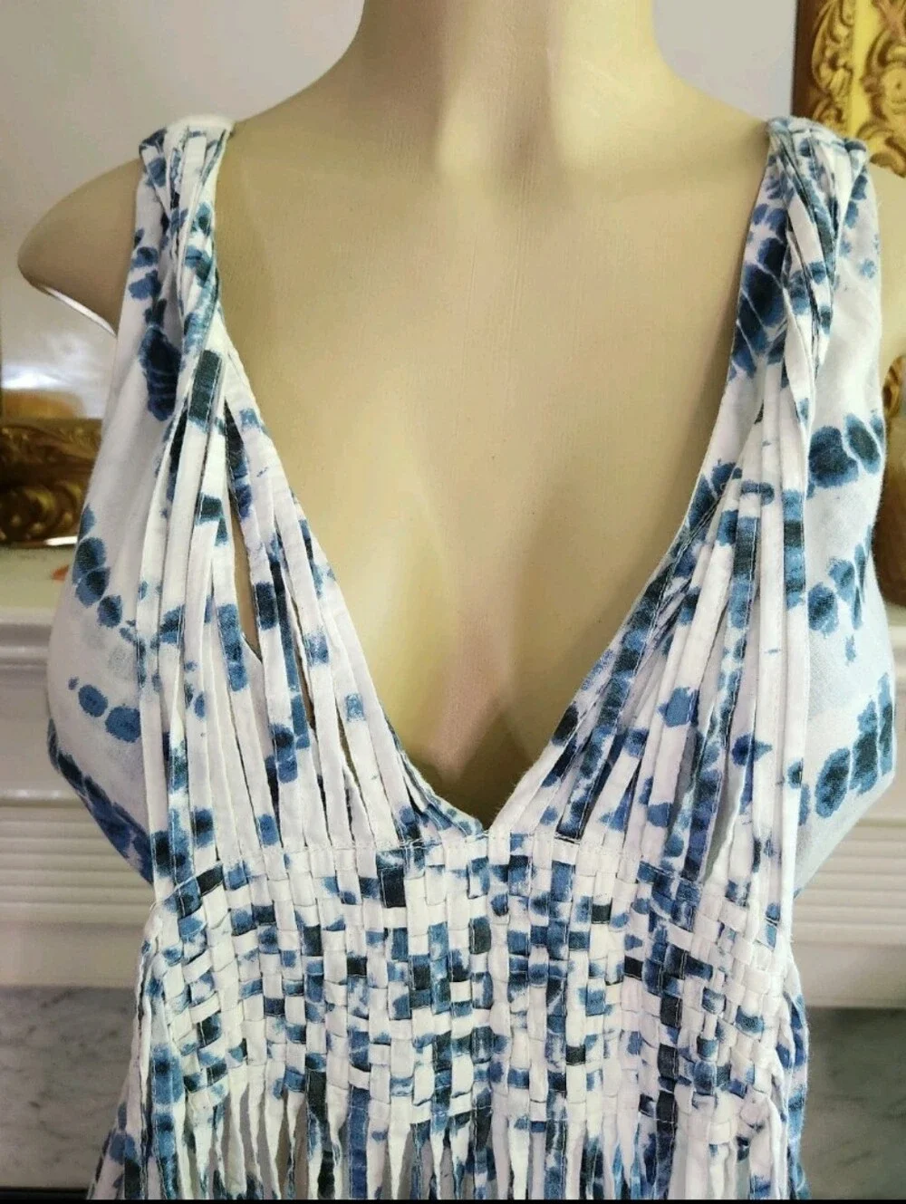 Michael Kors Blue White Tie Dye Tank Dress Maxi Fringe Boho Summer Size XXS